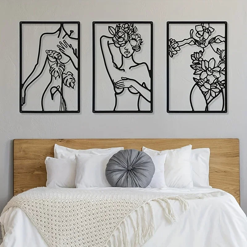 Set of 3 Minimalist Abstract Woman Wall Art Metal Line Drawings for Home Decor Elegant Accents for Bedroom Kitchen, & Bathroom