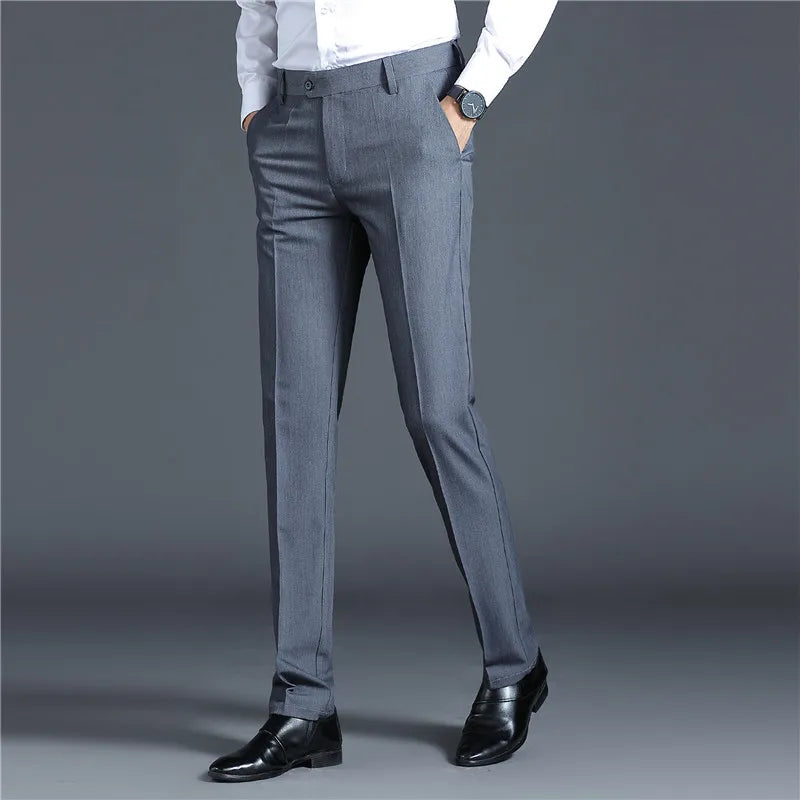 Suit Pants Men Straight Smart Casual Dress Pants Mens Solid Color Slim Elastic Formal Suit Trousers Four Seasons Mens Clothing