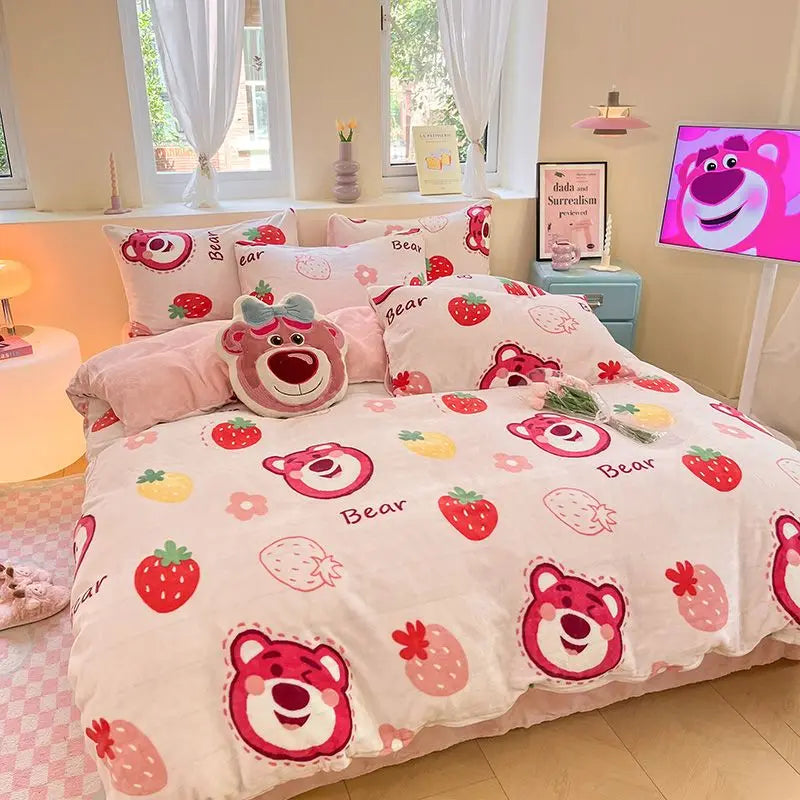 Buzz Lightyear Pooh Bear Stitch Lotso Mickey New Creative Cartoon Print Warm Milk Velvet Sheets and Quilt Covers Four-piece Set