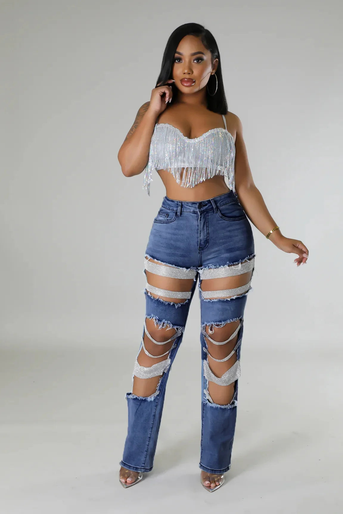 Spice Girl Summer Pants Ripped Heavy Industry Beaded Elastic Jeans Trousers Women JEANS