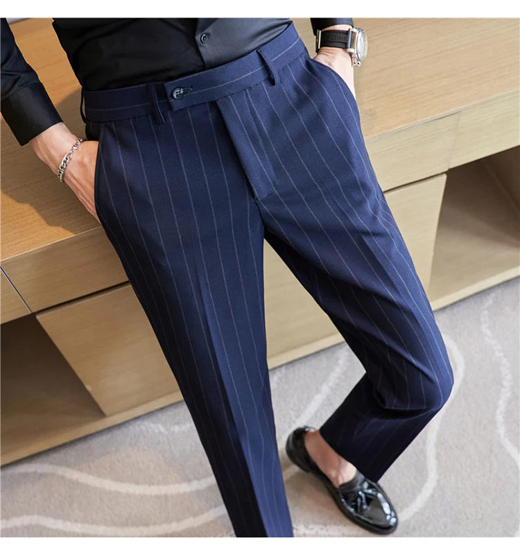 Men's Striped Suit Pants Elastic 2024 Autumn New Social Casual Trousers Slim Fit Suit Pants Business Office Wedding Men Clothing