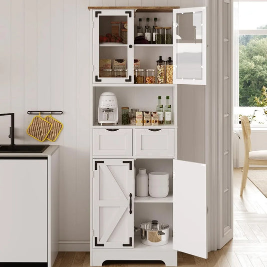 67" Tall Bathroom Storage Cabinet, Freestanding Linen Cabinet with Glass Doors & Drawer, Large Bathroom Pantry