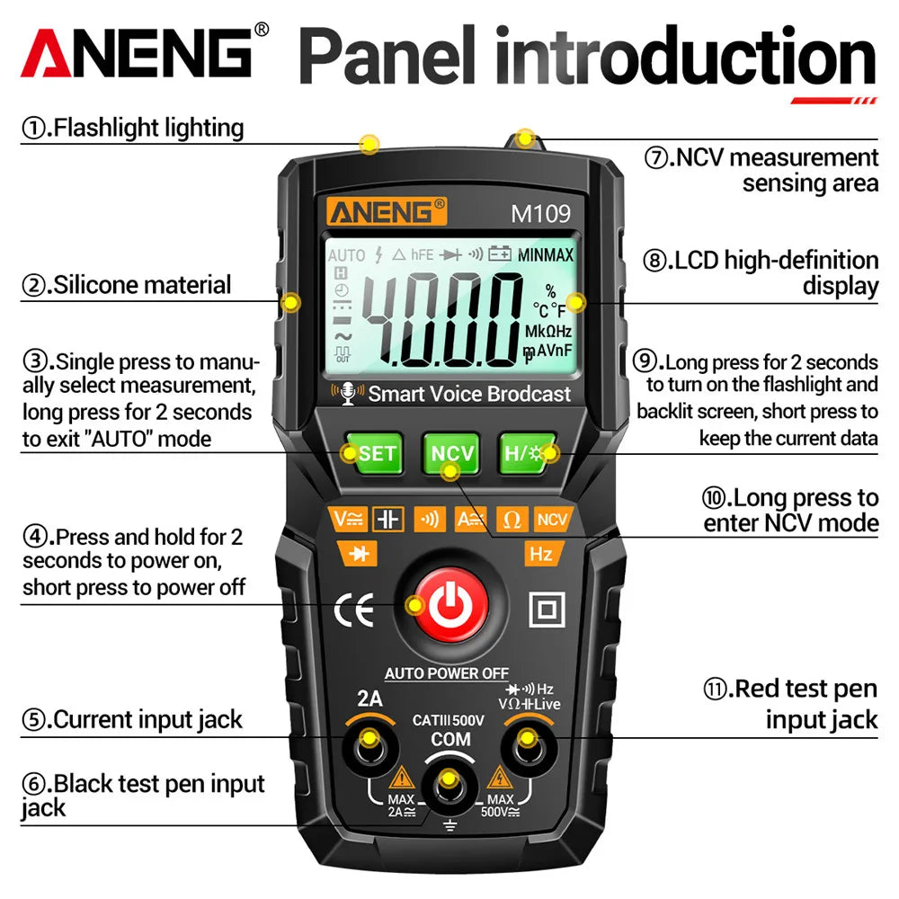 ANENG M109 Digital Multimeter Smart AC Voltage Meter 4000 Count Voice BroadcastTest/NCV/Capacitance/Resistance/Ohm Tester Tools