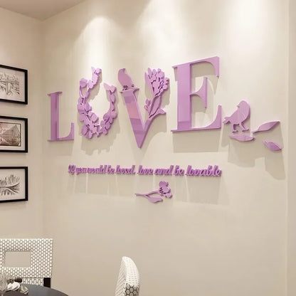 Acrylic 3D Love Mirror Wall Sticker With Pink Purple TV Background Bedroom Living Room Sticker Wedding Room Home Decoration