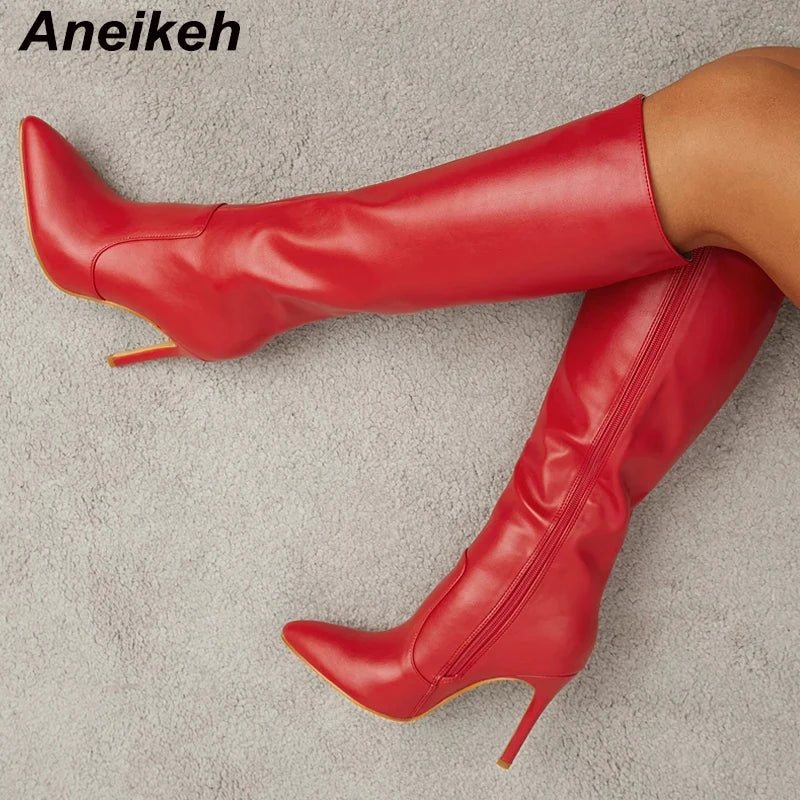 Aneikeh Women's Fashion Elegant Pointed Thin Heel Knee High Long Boots2025 Spring/Autumn PU Panel Side Zipper Boots Western35-42