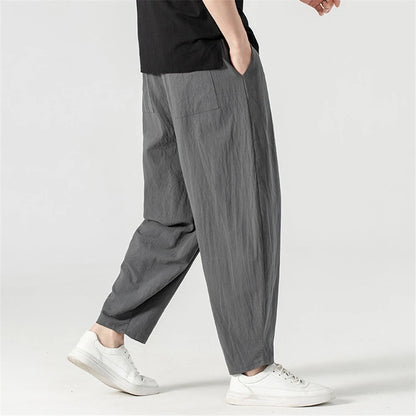 Linen Pants Men Baggy Pants Plus Size 9XL Summer Ankle-length Pants Male Solid Color Bottom Big Size 9XL