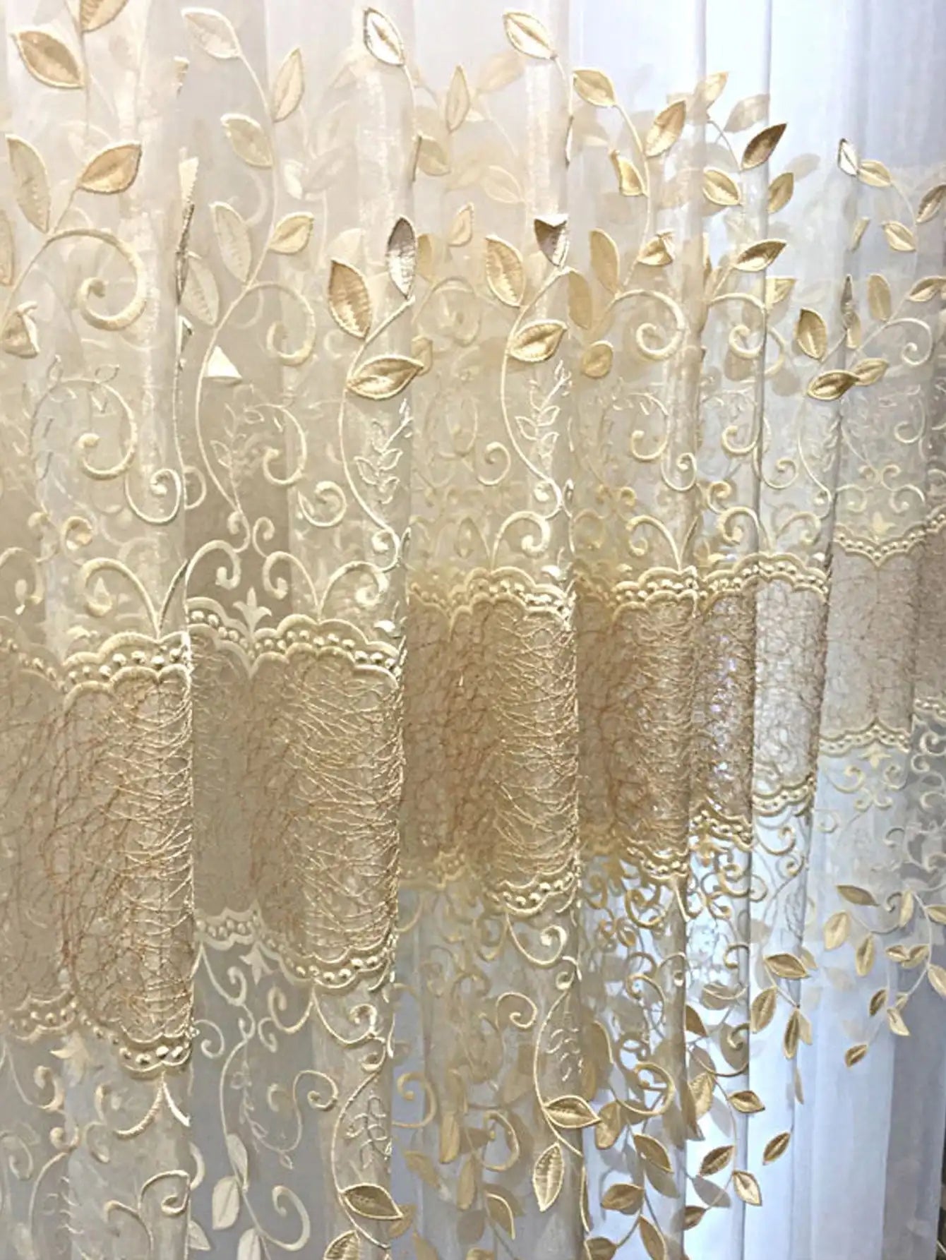 1pc Embossed Leaf High Precision Embroidered Gauze Curtains For Living Room Finished Window Curtains For Bedroom