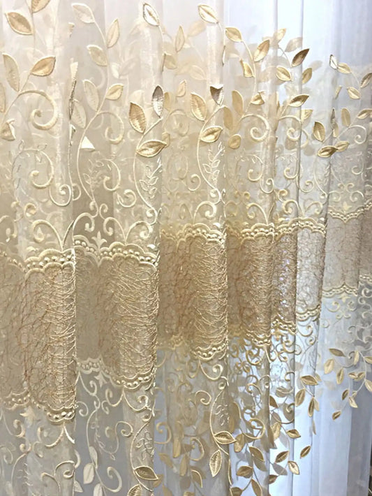 1pc Embossed Leaf High Precision Embroidered Gauze Curtains For Living Room Finished Window Curtains For Bedroom