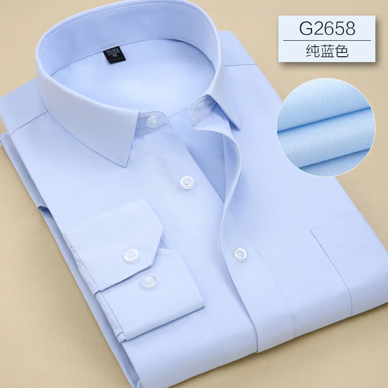 8XL Pure Color Office Formal Business  Social Work Classic Shirt Longsleeve Shirt for Men Casual Men's White Dress Shirt Black