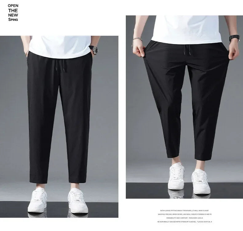 125KG Big Size Summer Ice Silk Crop Pants Men's Elastic Casual Edition Trendy Loose and Quick Drying Sports Large Crop Pants