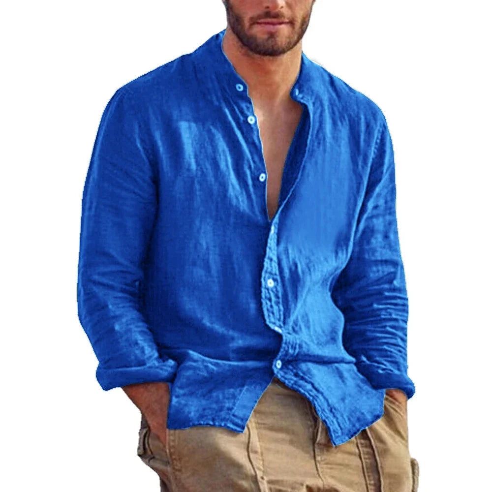 New Men's Solid Color Long Sleeve Shirt Linen Cotton Shirts Trend Plus-size Stand Collar Casual Lightweight Beach Shirts for Men