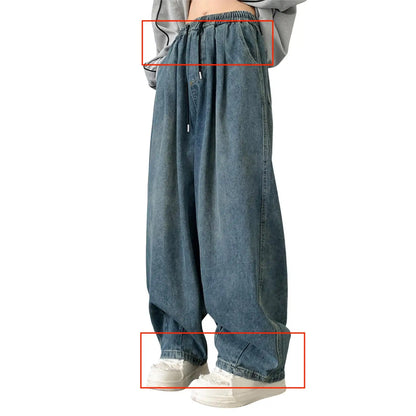 1Pc Trendy Oversize Jeans Zipper Fly/Drawstring Dressing Up Brushed Pants Thin Baggy Jeans Retro Wide Leg Man Pants Men Clothing