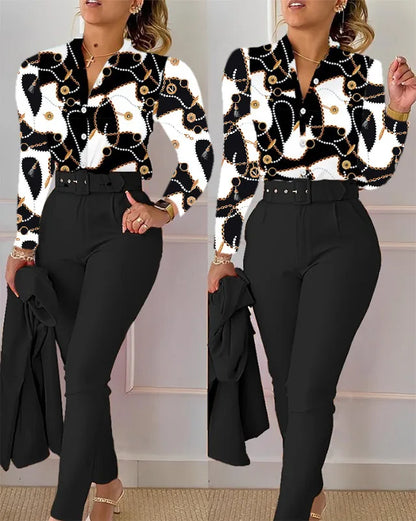 Elegant Women Two Piece Set Suits Fall New Fashion Print Long Sleeve Top Solid Color Pants Set With Belt  Blouses Female Clothes