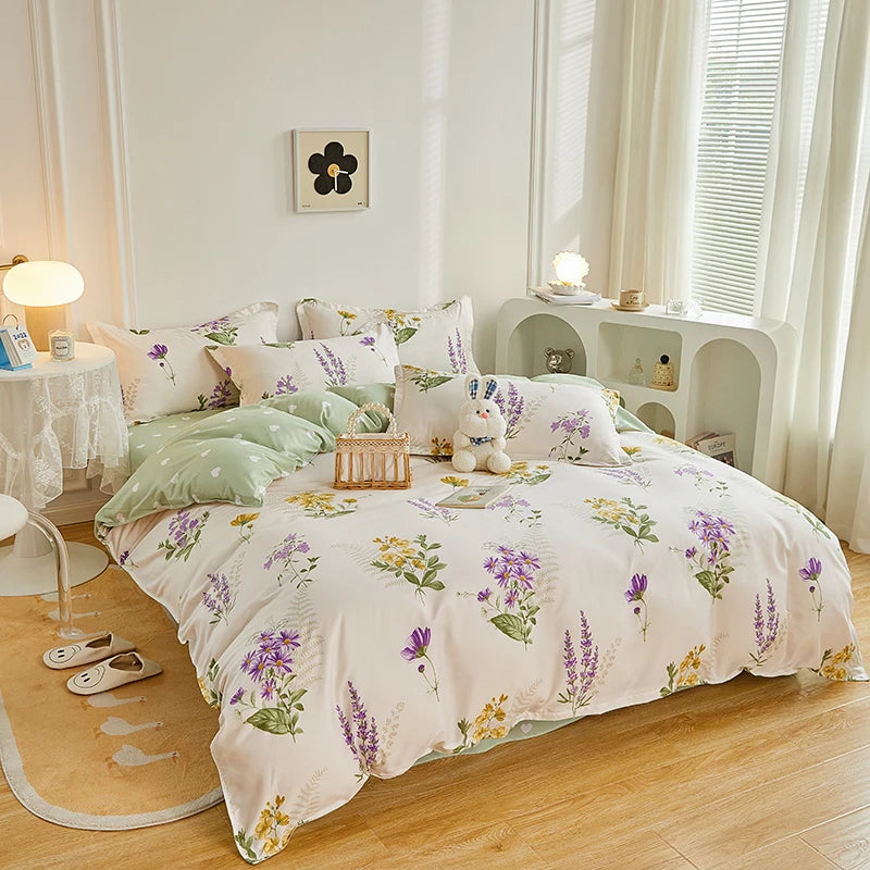 4 Pieces Bedding Set Country Romantic Lavender Flower Duvet Cover Set Purple Yellow Floral Quilt Cover Microfiber Bedspread Set