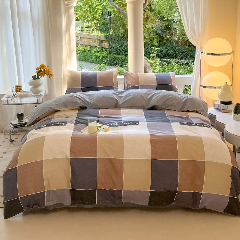 Check Pattern Gentleman Plaid Printed Bedding Set Floral Duvet Cover Pillowcase Set Bed Sheet Quilt Cover Single Queen King Size