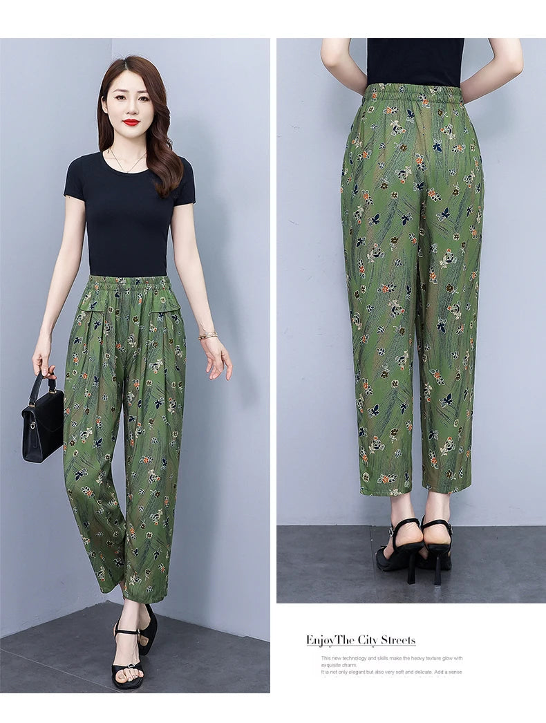 Women Pants High Waist Loose Print Summer Pants for Women Elastic Waist Vintage Clothing