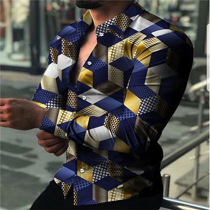 Geometric Pattern Men's Fashion Shirt Long Sleeve Slim Fit Trendy Casual Tops Men's Clothing Graffiti Streetwear Oversized S-6XL