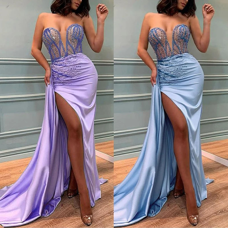 Women Sexy Elegant Formal Sequin Dress Strapless Pleated Low-neck Backless Lady Evening Wedding Party Prom Fashion Clothing Gown