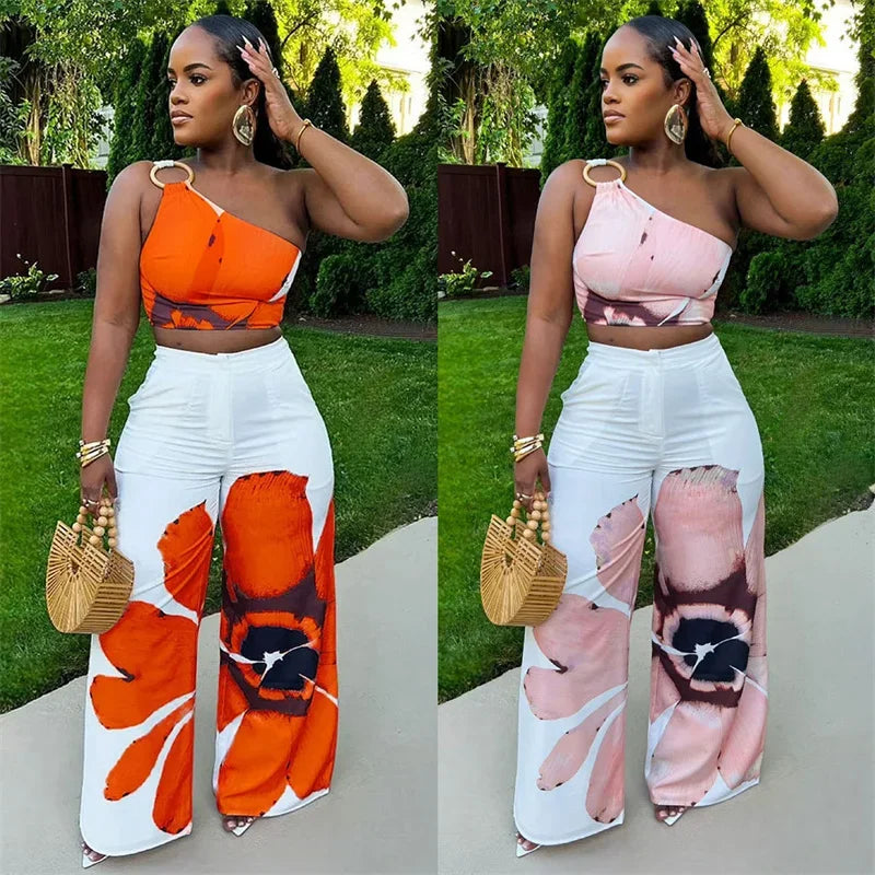 Floral Print Summer Two Piece Set Women Holiday One Shoulder Crop Top and Loose Wide Leg Pants Matching Sets Outfits Vacation