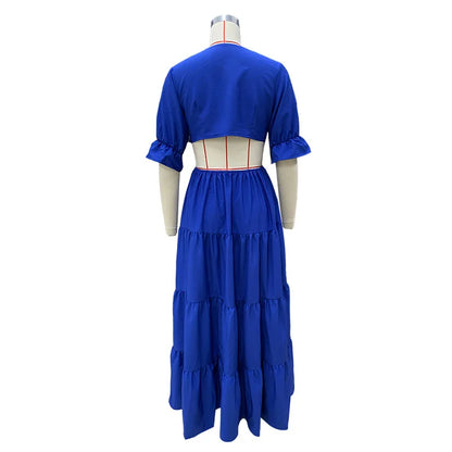 BAMBOOBOY Flare Sleeve Women Summer Dresses Deep V Neck Maxi Sundresses Solid Color Casual Hole Waist High Waist A-Line Dress