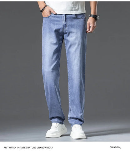 2024 spring and summer new styles Men's baggy jeans light blue Stylish thin lyocell stretch jeans