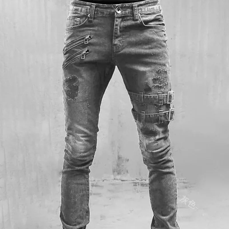 Men's Elastic Tight Jeans Fashionable And Casual Cool Pencil Pant Denim Slim Fit Pants Wear Resistant Zipper Male Trousers