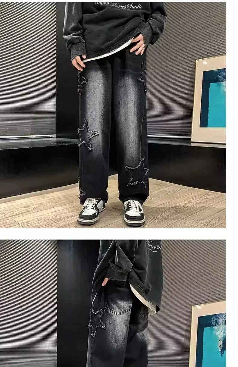 New Fashion Stars Towel Embroidery Balck Men Jeans Pants Y2K Clothes Straight Hip Hop Cotton Trousers Pantalon Homme