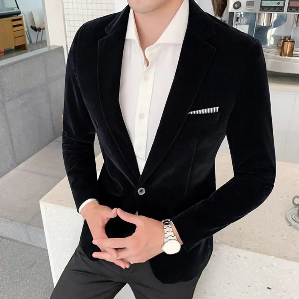 Velvet Men Blazer Lapel Turndown Collar One Button Slim Fit Men Suit Coat Elegant Velvet Lining Formal Suit Jacket Men Outwear