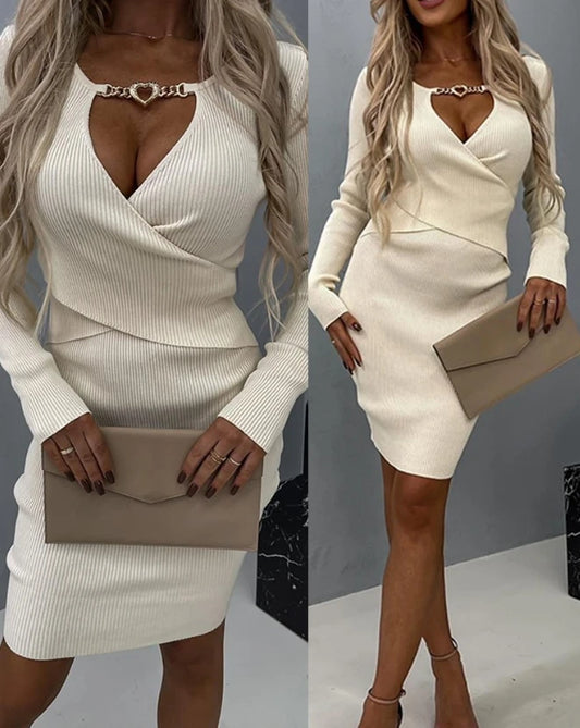 Womens Dresses Spring Autumn Fashion Heart Chain Decor Casual Keyhole Neck Long Sleeve Plain Daily Mini Knit Sweater Dress