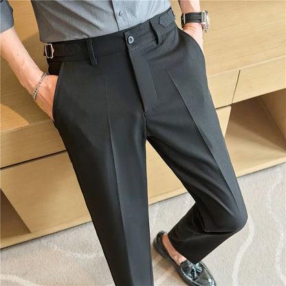 Summer Suit Pants Men Fashion Smart Casual Suit Trousers Slim Fit Wedding Party Formal Dress Mens Solid Color Ankle Length Pants