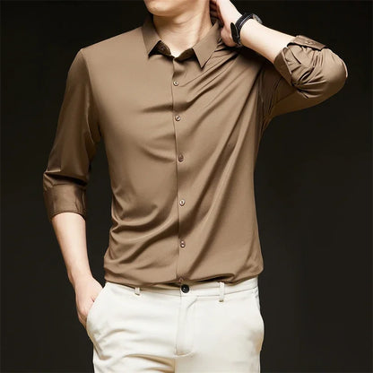 New Men's Business Casual Long Sleeved Solid Color Shirt Wrinkle Resistant Wrinkle Free Comfortable All Season Versatile Top