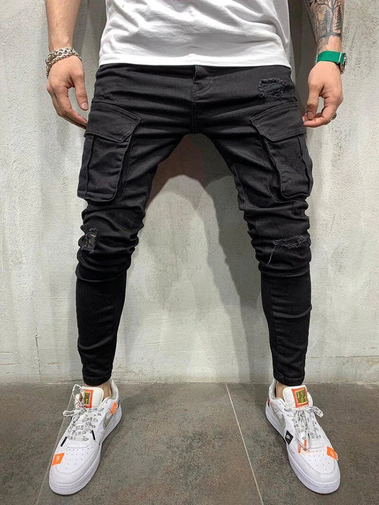 Men Wash Solid Color Multiple Pockets Holes Mid Waist Cargo Pants Trousers Slim Fit Daily Wear Joggers Street Elastic Jeans