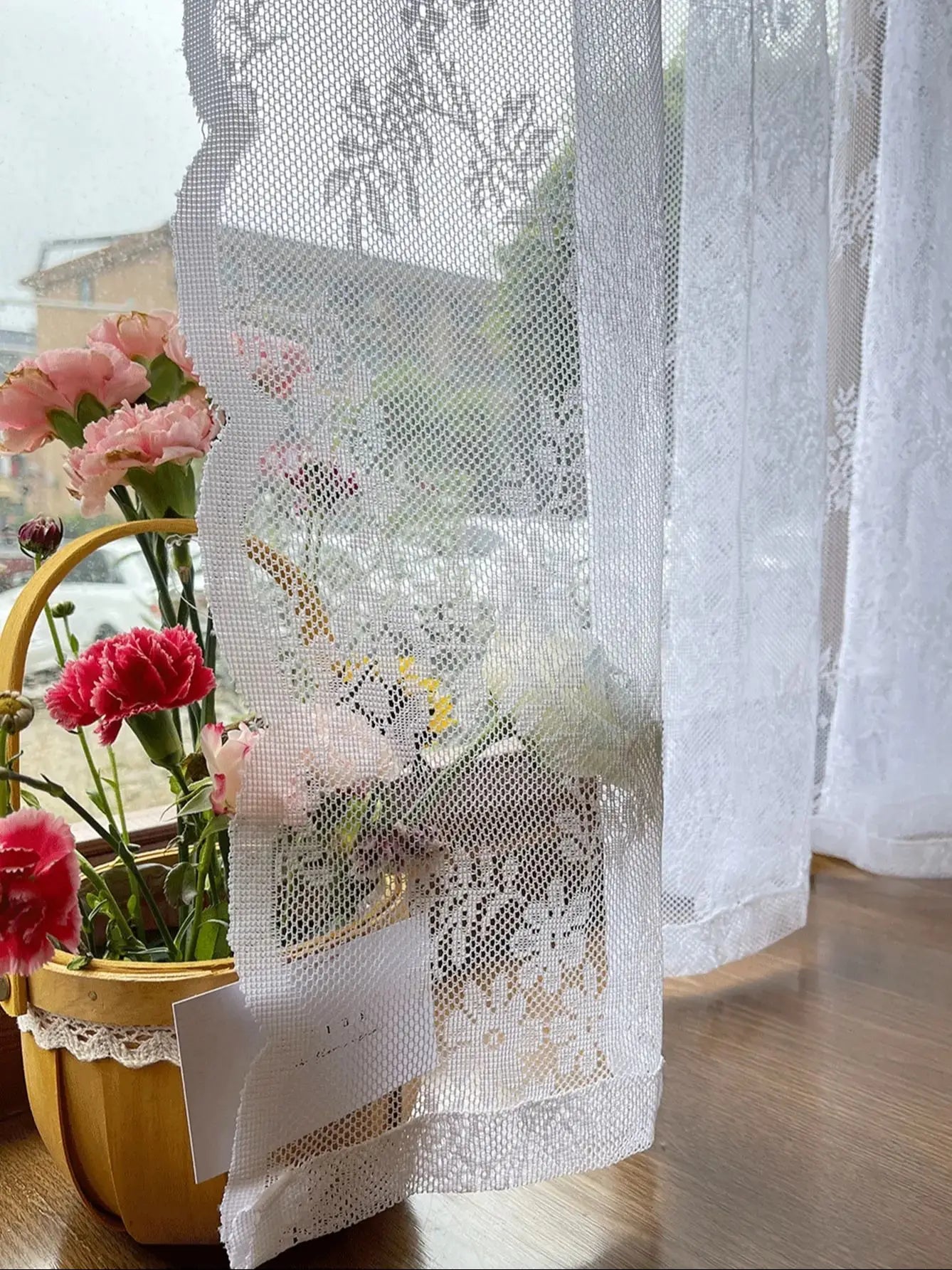 Sheer Lace Curtains for Bedroom Ivory Elegant Grommet Curtains Scalloped Edges Floral Kitchen Window Curtains 63 Inch Length