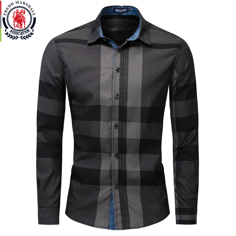 Fredd Marshall 2023 New Fashion Random Plaid Shirt Men Long Sleeve Casual Business Shirts Tops 100% Cotton Chemise Homme 199