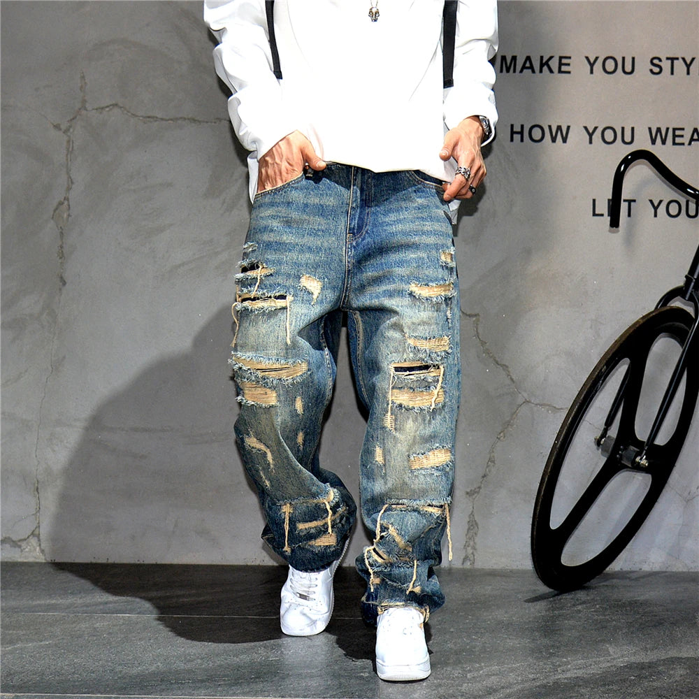 Mens Ripped Baggy Jeans Distressed Denim Streetwear Skateboard Pants Straight Leg Patchwork Oversized Urban Fashion Workwear