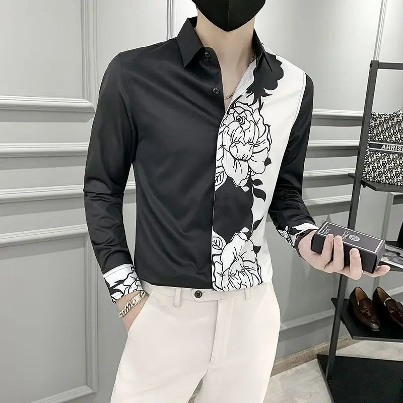 Spring Autumn New Blouse Men's Turn-down Collar Floral Printing Single Breasted Long Sleeve Shirt Fashion Casual Men's Clothing