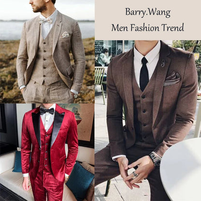 Designer Vest for Men Silk Embroidered Red Burgundy Paisley Waistcoat Tie Pocket Square Set Slim Fit Wedding Suit Barry Wang