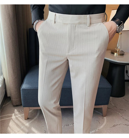 British Style Striped Slim Fit Suit Pant Men Business Casual Simple Dress Pants High Quality Social Wedding Party Trousers 38-28