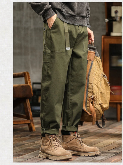 HIQOR Mens Clothing Spring Autumn Cargo Pants Man Cotton Casual Loose Trouser Belt Mid Waist Joggers Male Straight Baggy Pants