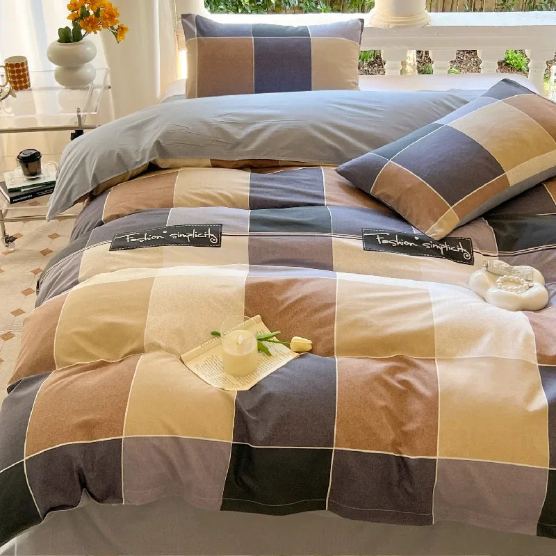 Check Pattern Gentleman Plaid Printed Bedding Set Floral Duvet Cover Pillowcase Set Bed Sheet Quilt Cover Single Queen King Size