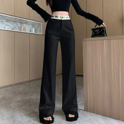 High-rise Soft Casual Trousers Women Summer New Show Thin Slimming All Verticality Straight Moped Pants Design Sense Letter