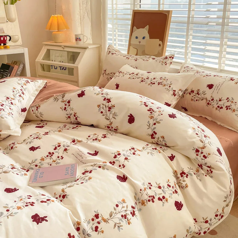 Cute Home Comforter Bedding Sets Washed Cotton Duvet Cover Flat Bed Sheet Set Twin Full Queen King Size Bed For Girls Couple