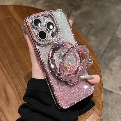 Magsafe Stand Holder Cover For iPhone 16 Pro 15 14 13 12 11 Glitter Diamond Quicksand Case For iPhone 16 Pro Max Lens Film Cases