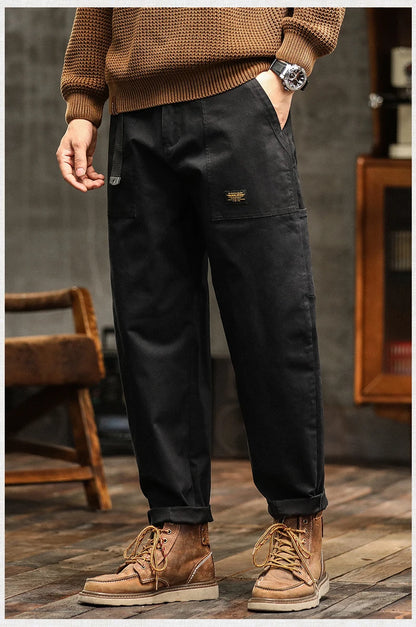 HIQOR Mens Clothing Spring Autumn Cargo Pants Man Cotton Casual Loose Trouser Belt Mid Waist Joggers Male Straight Baggy Pants