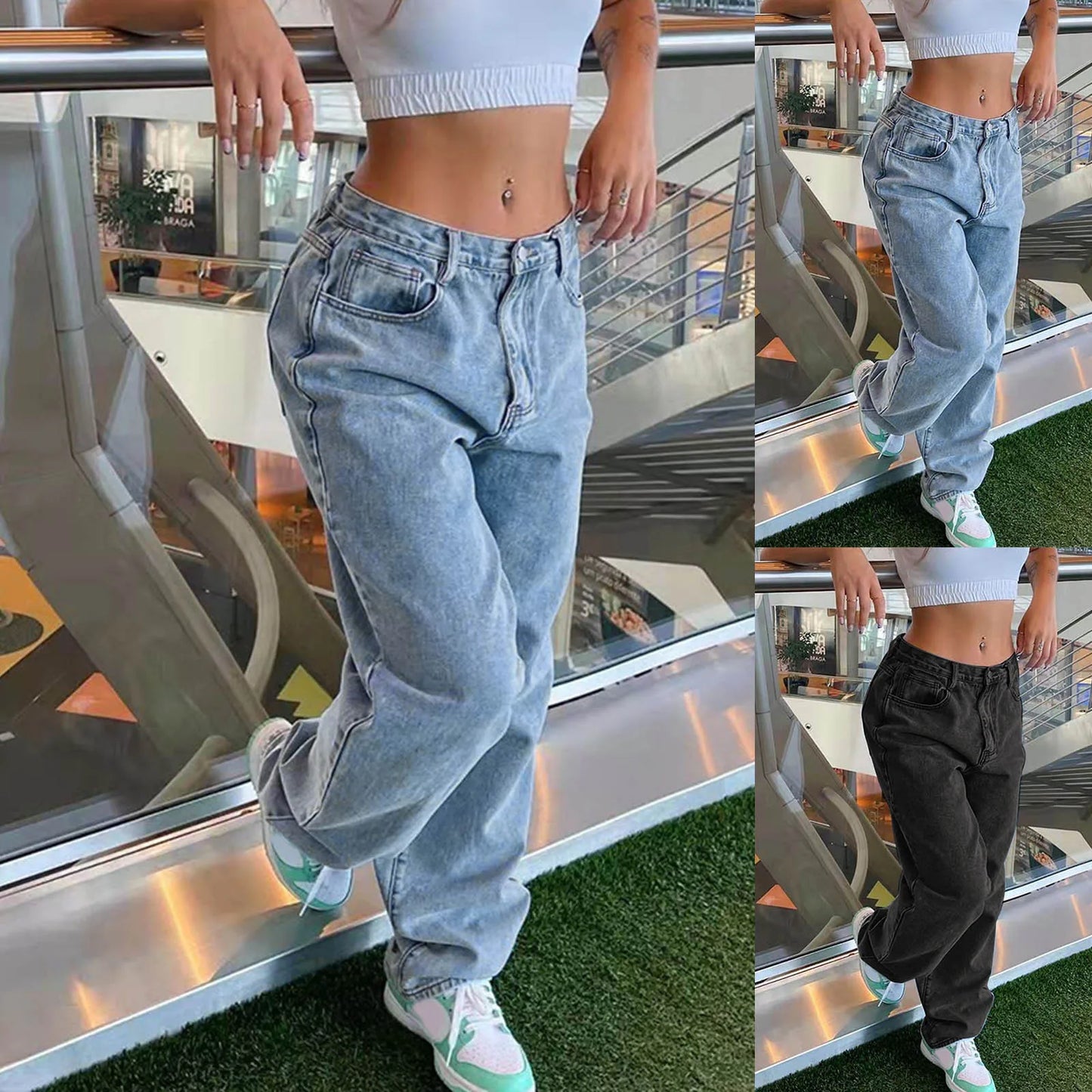 Women Fashion Jeans Solid Color High Waist Straight Leg Wide Leg Jeans Trousers