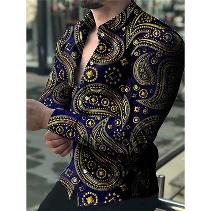 Fashion Luxury Social Men Long Sleeve Shirts Turn-down Collar Buttoned Shirt 2025 Mens Party Clothing Casual Flower Print Tops