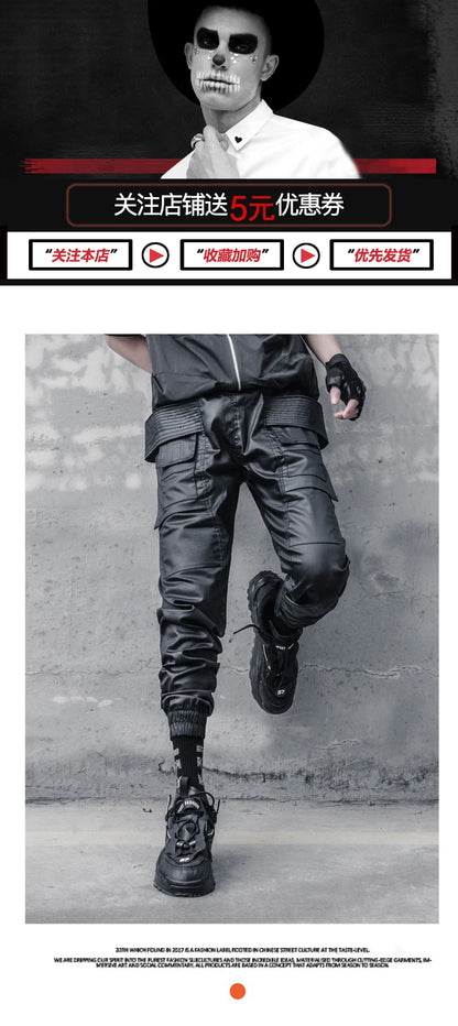 2023 Waxy Coating Punk Hip Hop Cargo Pants Mens Multi-pockets Motorcycle Techwear Functional Joggers Street Casual Trousers