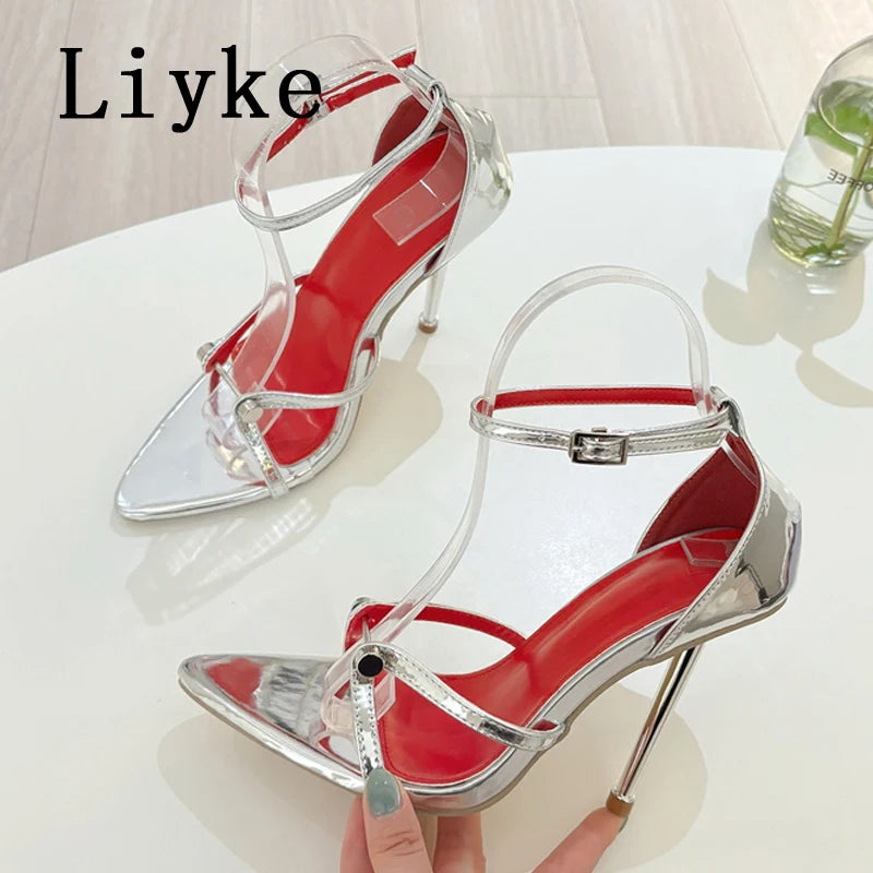 Liyke Fashion Design Metal Decoration Narrow Band Women Sandal High Heels Sexy Pointed Open Toe Wedding Banquet Shoes Size 35-41