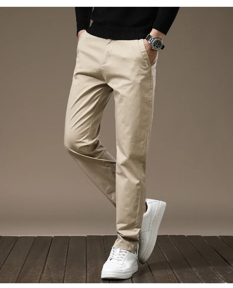 Autumn New Pure Cotton Casual Pants for Men Black Khaki Gray Business Slim Straight Elastic Fashion Casual Long Pants Male