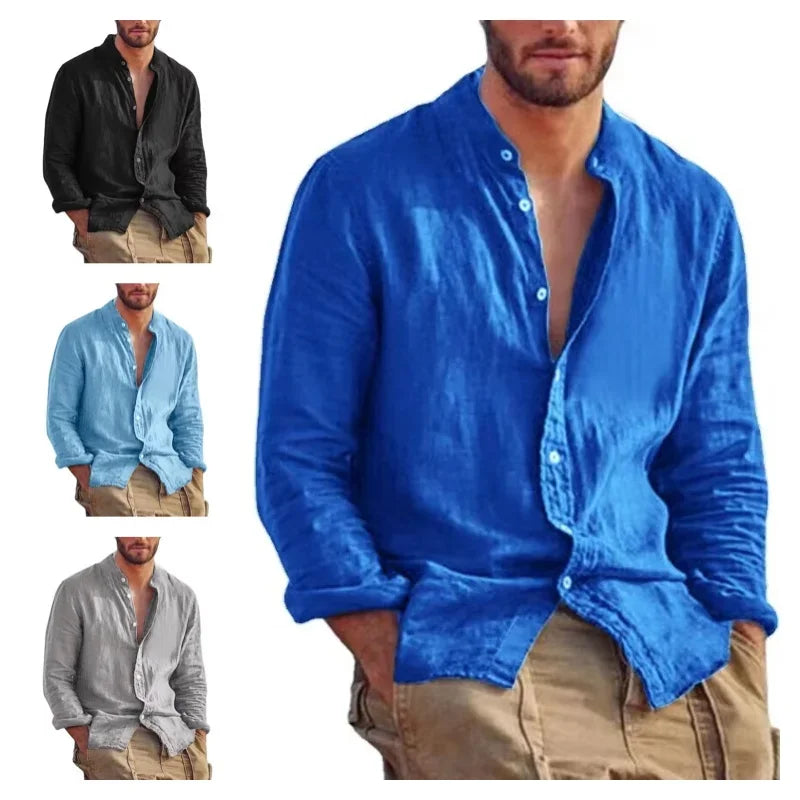 New Men's Solid Color Long Sleeve Shirt Linen Cotton Shirts Trend Plus-size Stand Collar Casual Lightweight Beach Shirts for Men